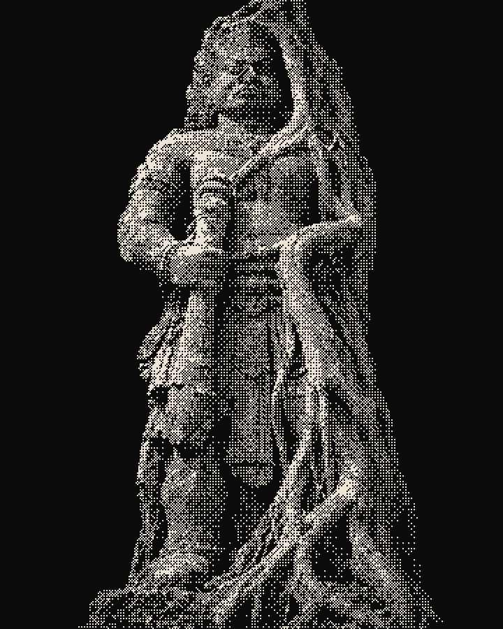Eroded temple guardian statue overgrown by strangler fig roots